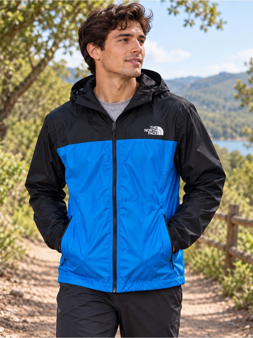 The North Face Men’s M Blue Black Hooded Rain Jacket Waterproof Shell